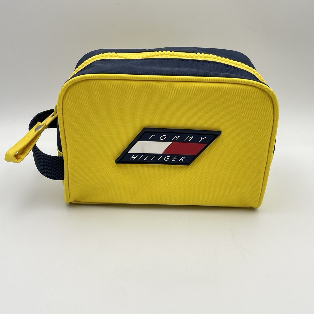 Vintage TOMMY HILFIGER Travel Toiletry Cosmetic Zippered Bag Pouch Yellow Logo
